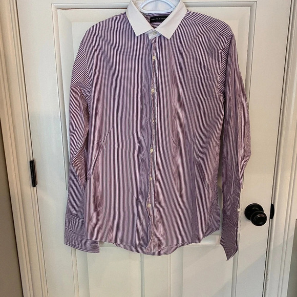 Ralph Lauren black label Extended Cuff Cotton Shirt Purple Stripe 33647 - Picture 6 of 14